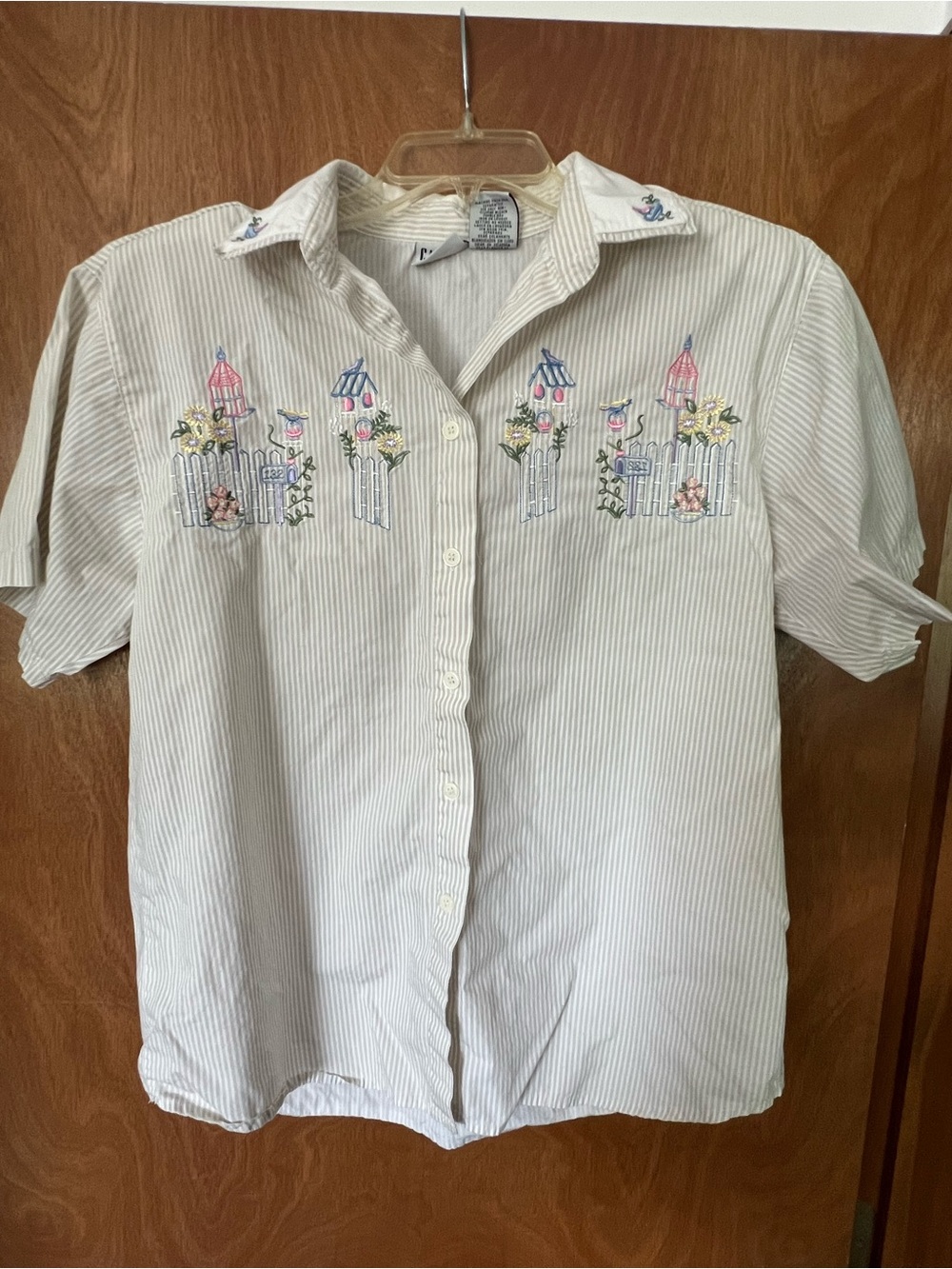 Vintage Cream Striped Button-Up Shirt with Pastel Garden Embroidery